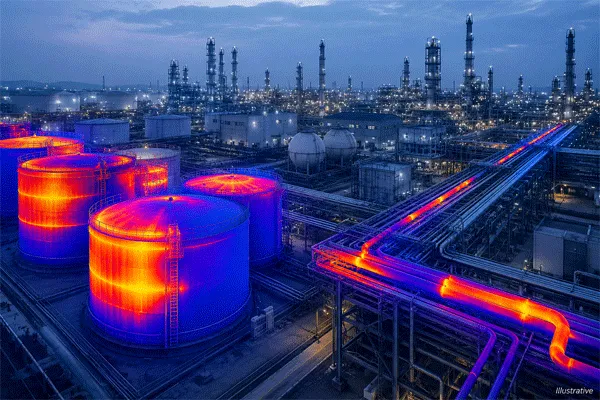 Thermal imaging system monitoring storage tanks and pipelines in a chemical industry park