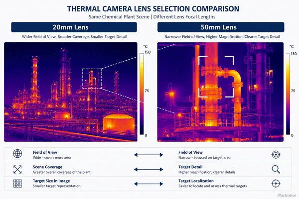Comparison of 20 mm and 50 mm thermal camera coverage for industrial monitoring