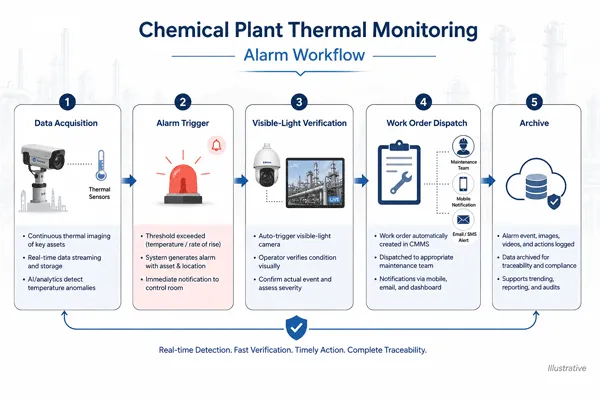 Thermal alarm verification and response workflow in a chemical plant