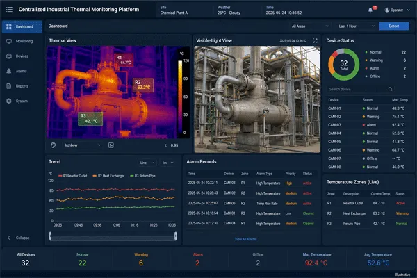 Centralized industrial thermal monitoring platform with temperature alarms and visible-light verification